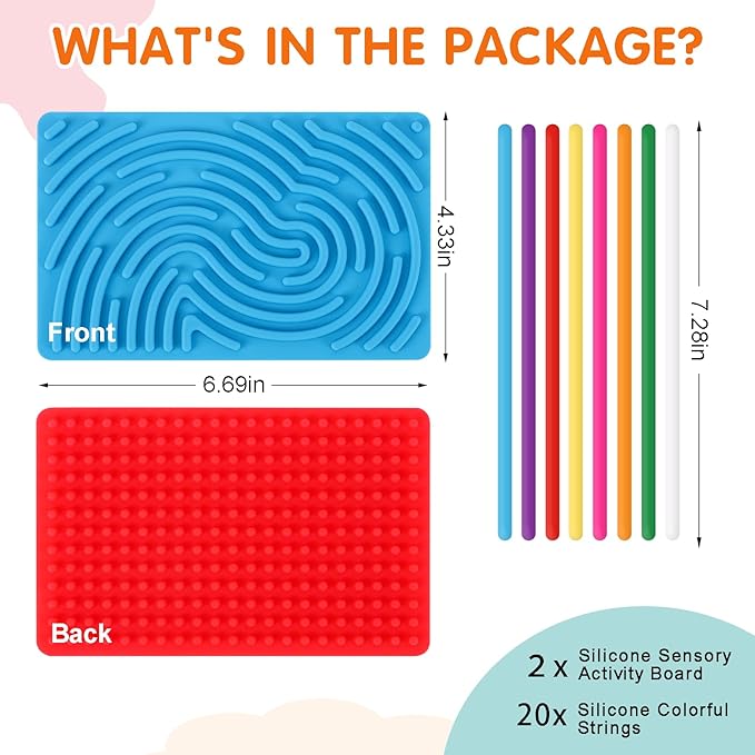 2pcs Sensory Activity Board, Double-Sided Silicone Fidget Toys for Kids 3+ & Adults, Sensory Toys for Anxiety, ADHD, Autism, Calming, Includes Travel Bag & 20 Strings, Red & Blue