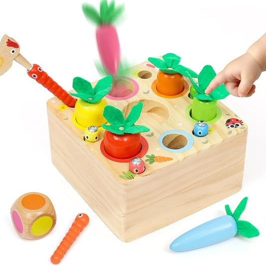 XPIY Montessori Toys for 1 Year Old, Carrots Harvest Wooden Baby Toys for 6-12 Months Educational Shape Sorting Matching Toys Fine Motor Skill, Gift for Kids Easter (Bug Catching Bouncing Carrot)