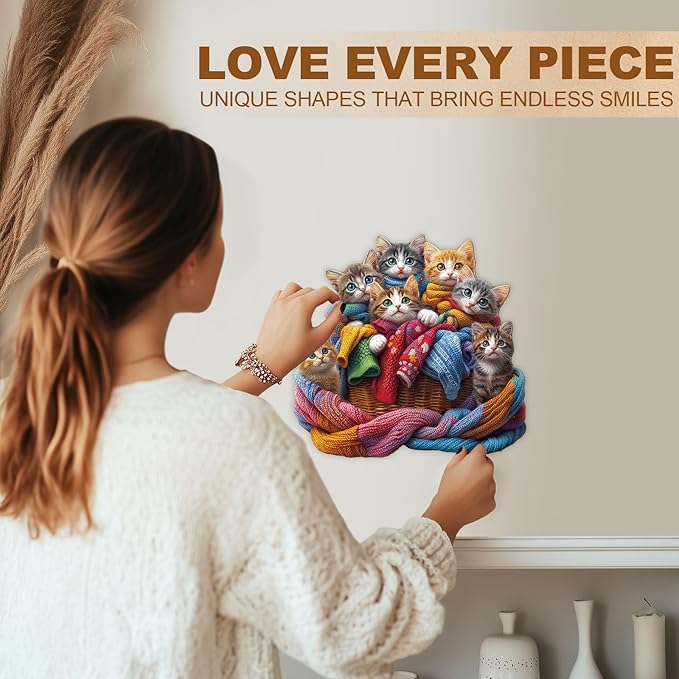 Wooden Puzzles for Adults - Colorful Fabric Cat Wooden Puzzle - Unique Shapes Wooden Jigsaw Puzzles for Adults - Eco-Friendly Home Office Decor (11.4 * 10.9in)
