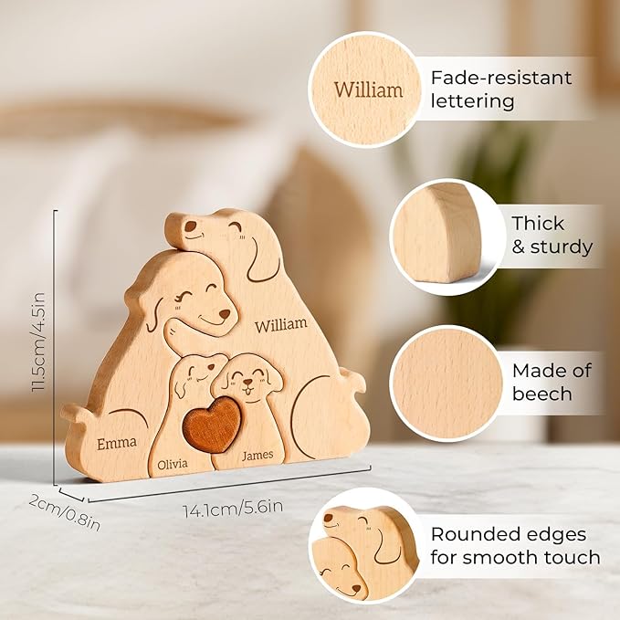 Family Dog Puzzle, Personalized Wooden Puzzles with 2-5 Family Members Names, Perfect Fathers Day Mothers Day Birthday Anniversary Wedding Gifts for Women Men