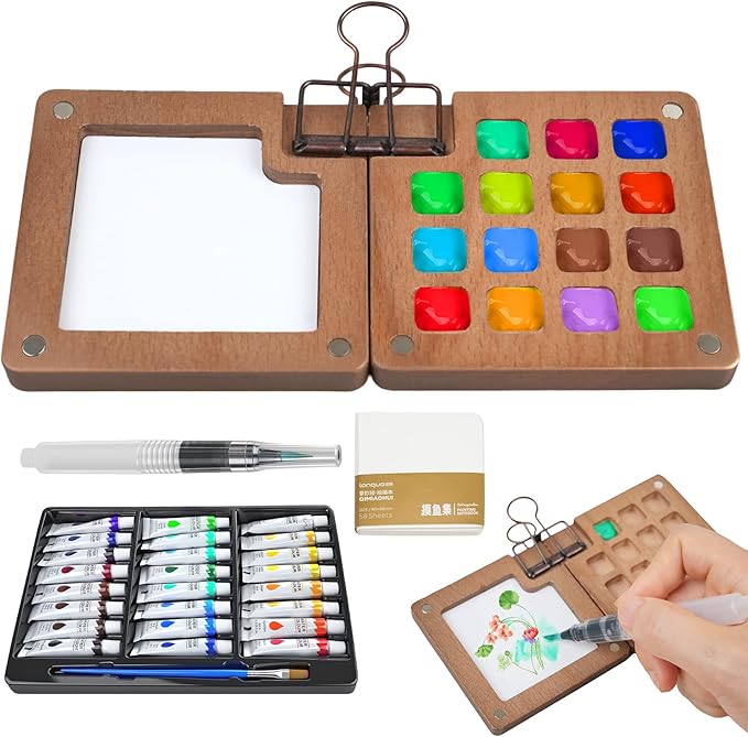 Mini Paint Palette Travel Kit,Mini Travel Watercolor Palette Set,Pocket Artist Water Color Sets with Watercolor Pens,Binder Clips, Include 24 Colors Paint for Beginners Artists Students(Walnut-15 Grids)