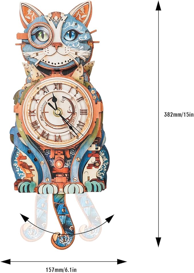 3D Wooden Puzzles for Adults Model Kit Detective Cat Clock, Mechanical Model Building Kits DIY Hobbies for Women Men, Vintage Wall Clock Puzzle Cat Lover Gifts for Adults Craft Gift Home Decor