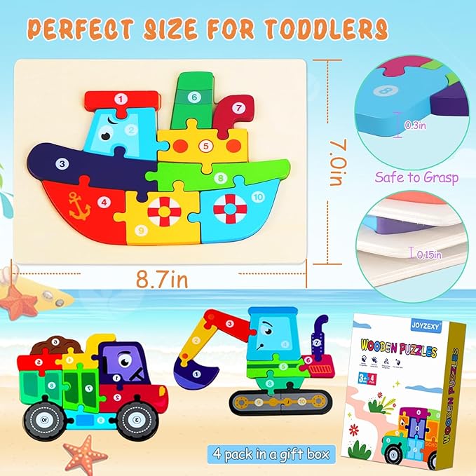 Wooden Puzzles for Toddlers 3-5, Toddler Puzzles Ages 2-4 Transportation Puzzles Toys, 4-Pack Toddler Puzzle Toys for 2, 3, 4, 5 Year Old Boys Girls