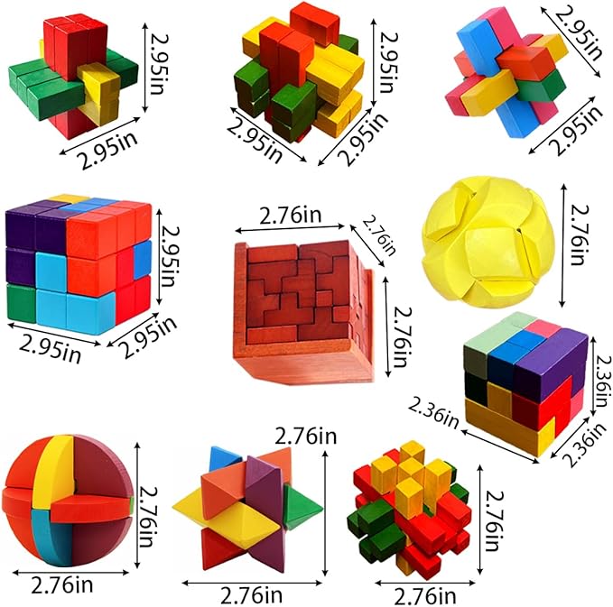 18 Pack Wooden Brain Teaser Puzzles Wooden Burr Puzzles Brain Teaser Puzzle with Gift Packing Box Magic Puzzle Games Toys for Kids and Adults by AHYUAN (Colorful Wood)