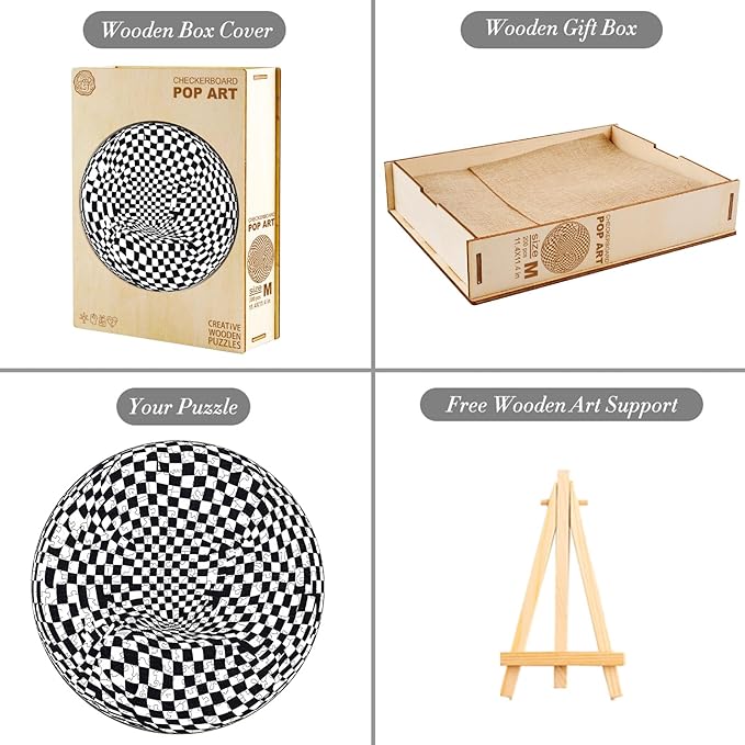 Wooden Puzzles for Adults, Wooden Jigsaw Puzzles for Adults Kids, Checkerboard Pop Art Unique Shaped Wood Puzzles Adult, High-Challenge Birthday Gifts for Friends Family Game (11.4 * 11.4in 200pcs)