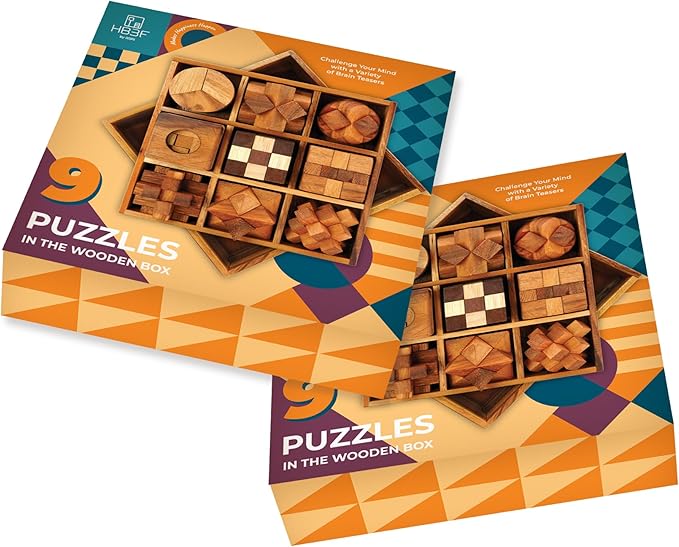 BSIRI 9 in 1 Wooden Brain Teaser Puzzles for Adults Teens and Kids Box Set for All Ages Wood Hard Level 10 Impossible Mind Wood Brain Teaser Games 3D Hand Puzzle Sets for Decoration and Mini Toys