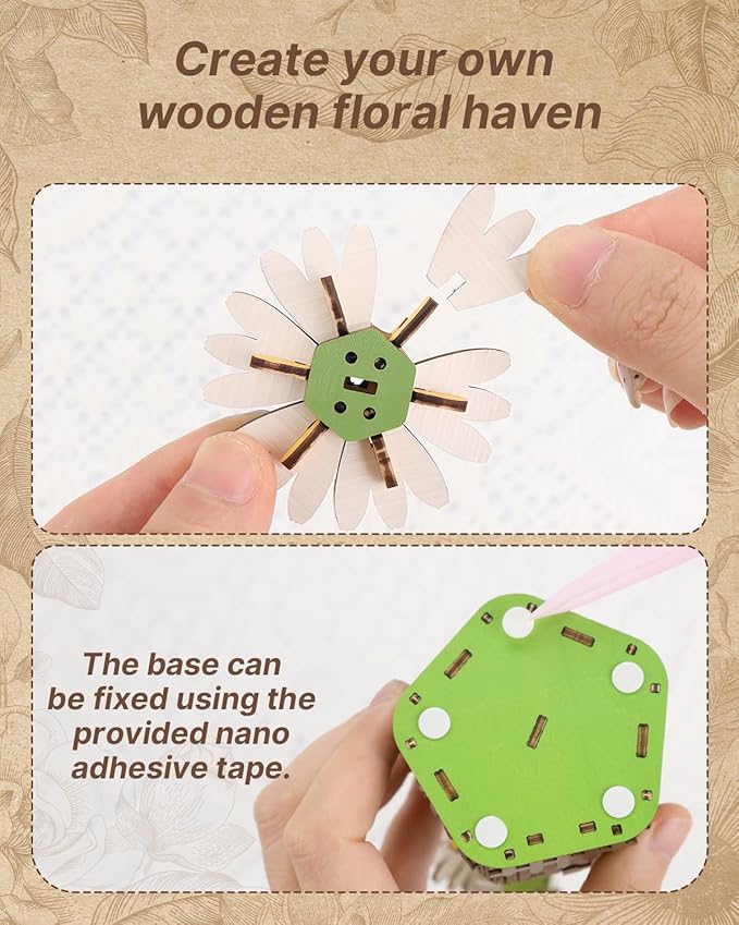 3D Daisy Wooden Puzzles for Adults, DIY Wooden Flower Craft Kit, Artificial Flowers Model Kit to Assemble for Adults.(3.1 * 2.6 * 7.4in 91PCS)
