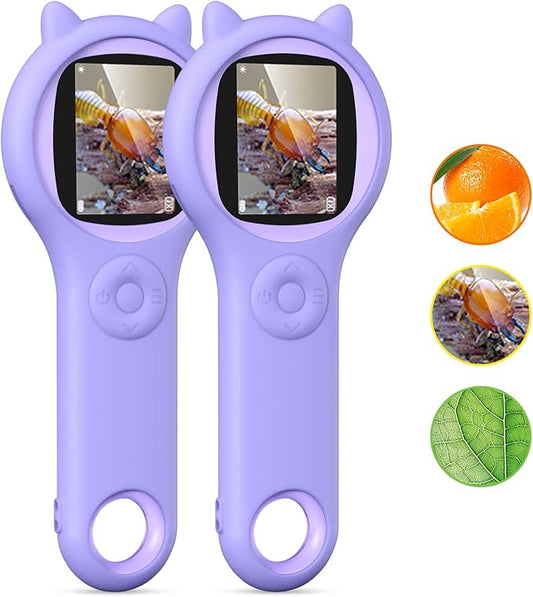 2Pcs Purple Kids Microscope-200X Fixed Focus Miniscope Portable Handheld Pocket Microscope -Science Toy for Toddlers, Christmas Birthday Gifts for Age 5 6 7 8 9 10 11 12 Girls Boys