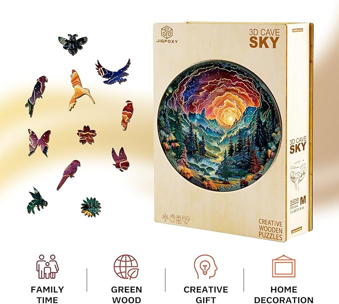 Jigfoxy Wooden Puzzles for Adults, Visual 3D Cave Sky Wood Puzzles Adult, Unique Animal Shape Wooden Jigsaw Puzzles for Adults, Birthday Gifts for Puzzle Lovers, Family (S-8.5 * 8.5in-100pcs)