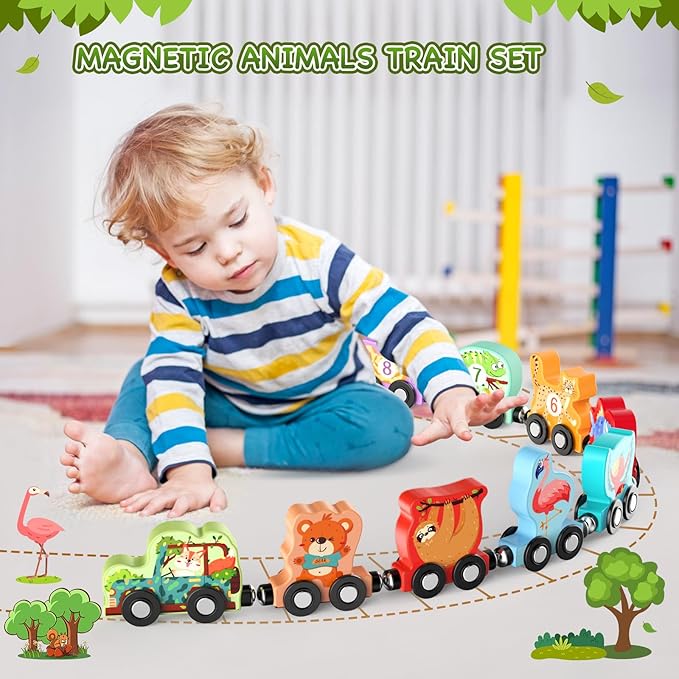 Toys for Toddlers, 11 Magnetic Wooden Animals Train Set, Montessori Toys for Toddlers, Learning Activities, Sensory Activities for Kids, Birthday Gifts for Boys, Girls