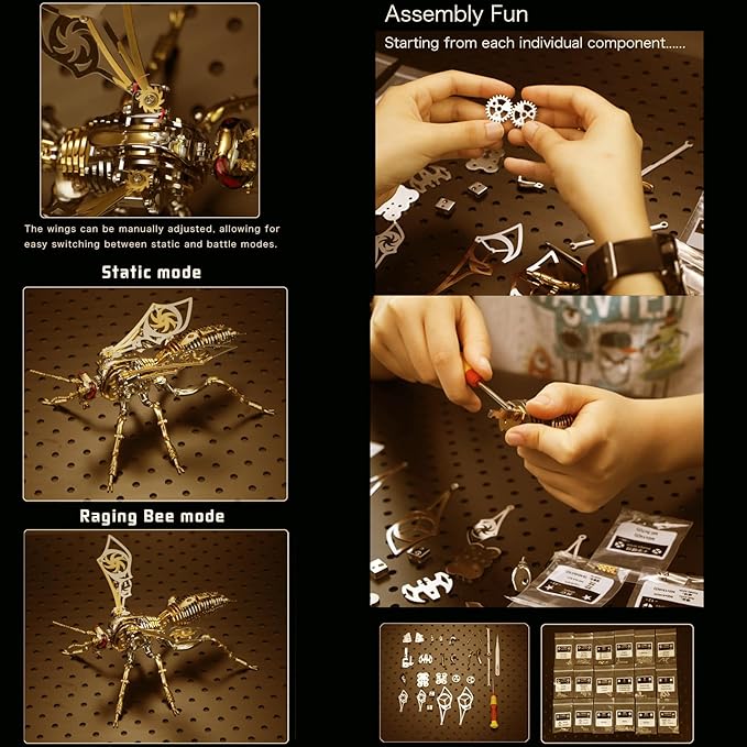 3D Metal Wasp Puzzles for Adults Model Kits Mechanical Puzzle Building Blocks, Difficult DIY for Assembly Gifts for Men (Rose Golden(Green Eyes))