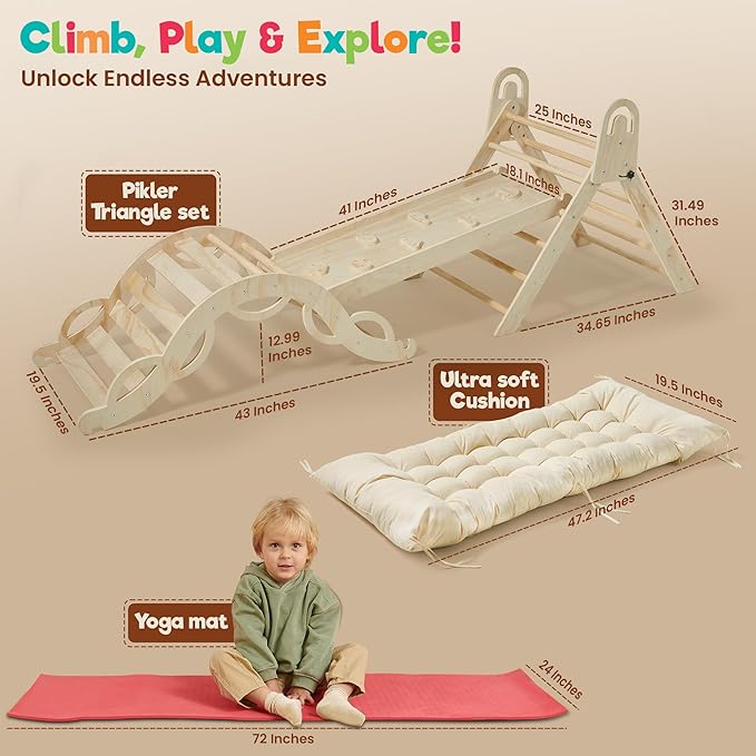 Pikler Triangle Set – 10 in 1 Foldable Montessori Indoor Climbing Toy with Yoga Mat & Cushion | Extra Large Wooden Play Set | Eco-Friendly | Ages 3+