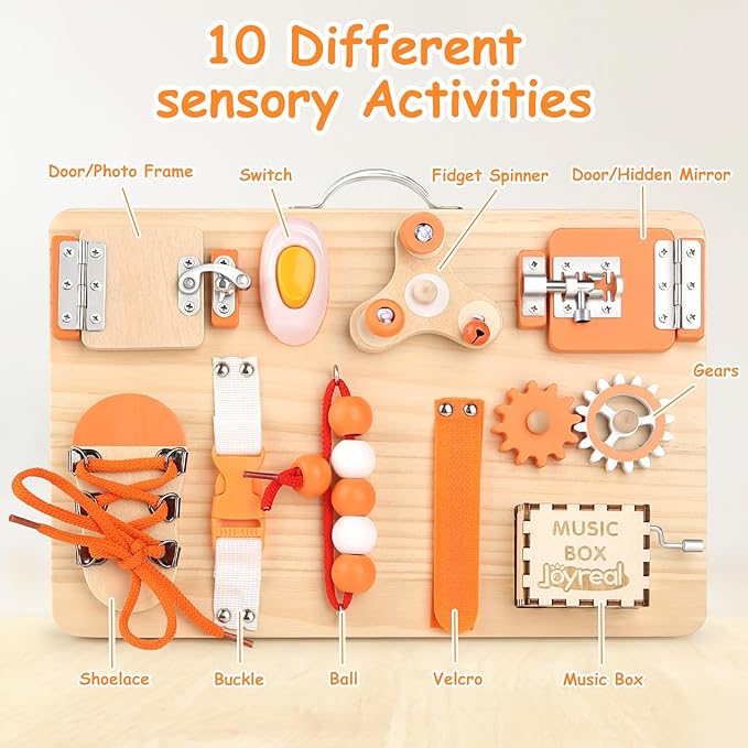 Joyreal Wooden Busy Board for Toddlers - Montessori Sensory Activity Board for Fine Motor Skills, Educational Travel Sensory Toys for Children Toddlers & Kids