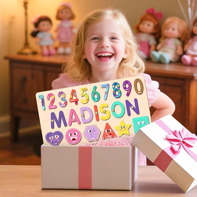 Name Puzzles for Toddlers Boy and Girl, Personalized Wooden Shapes Puzzles for Toddlers 1-3, Educational Toys, Customized Baby Gifts, 1 Year Old Girl Gifts