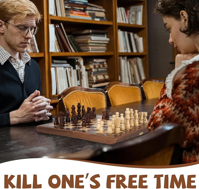 Magnetic Travel Chess Set 12-inch Wooden Magnetic Chess Board 2 Extra Queen Folding Chessboard for Storage Toys & Games for Adults Vintage Chess Game – Family Board Games Educational Toy Sets