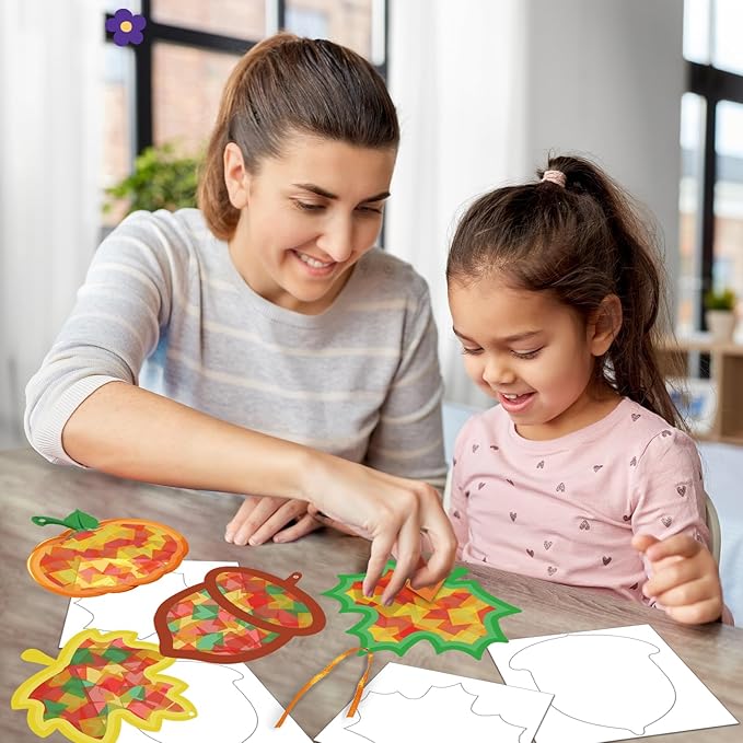 Kepeel 42 Packs Fall Suncatchers Crafts for Kids, Thanksgiving DIY Leaf Pumpkin Acorn Tissue Paper Sign Art Crafts Kit Gift for Autumn Fun Home Classroom Game Activities Party Decor