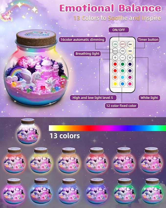 Light-Up Unicorn Terrarium Kit for Kids, DIY Arts & Crafts Gift for Girls Ages 4 5 6 7 8-12 Year Old, LED Night Light with Remote, Best Birthday Easter Unicorn Toys Gifts for Girls Kid