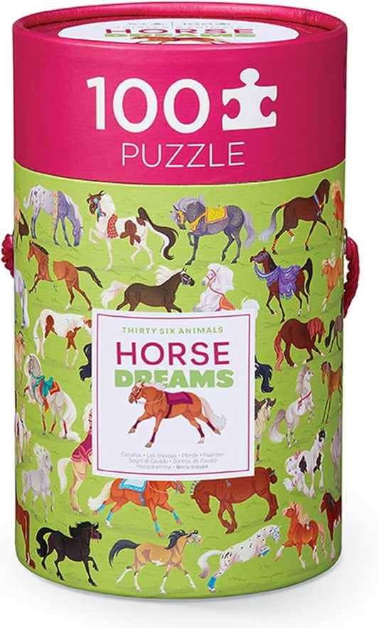 Crocodile Creek 100-Piece Jigsaw Puzzle for Kids Ages 5 and Up - Fun and Educational Table or Floor Puzzles - Storage Canister with Handle - Horses - 14” x 19” Finished