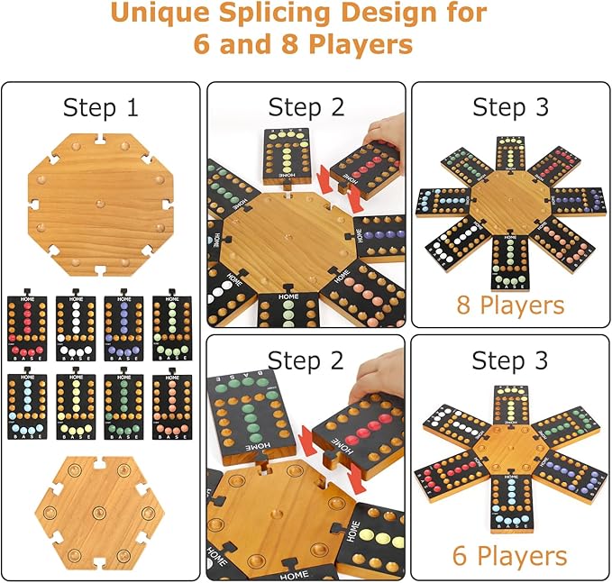 Marble Board Game,Wooden Board Game for 6-8 Players,Portable Design Marble Game with 32 Marbles 16 Dice, Family Game Night Gift for Kids & Adults