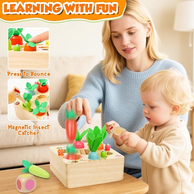 Montessori Toys for 1 Year Old, Wooden Toy for Baby 6-12 Months, Carrot Harvest Game for Kids, Shape Sorting Matching Puzzle, Educational Birthday for Boys and Girls(Pop Up Carrot)