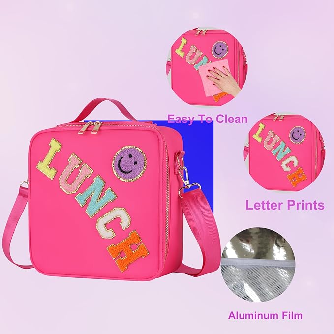 Insulated Girl Lunch Bag for Girls With Adjustable Strap, Nylon Preppy Lunch Box For Teens Kids Toddler Reusable Bag Back To School Picnic Gifts, RoseRed