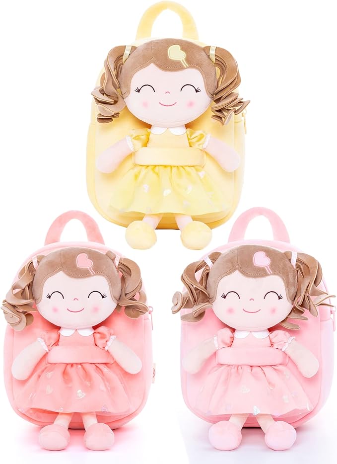 Gloveleya Toddler Backpack Baby Girl Gifts Plush Bag Diaper Bag with Spring Girls Doll Curly Hair Girl Toys with Love Pink 9 Inches