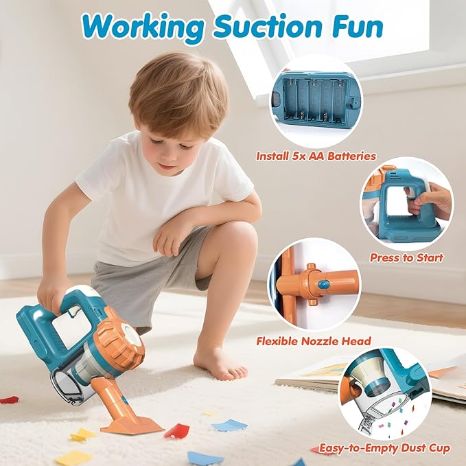 3-in-1 Kids Vacuum That Really Works – Working Toddler Vacuum Cleaner with Real Suction, Montessori Pretend Play Cleaning Toy Gift Set for Boys and Girls Ages 3+