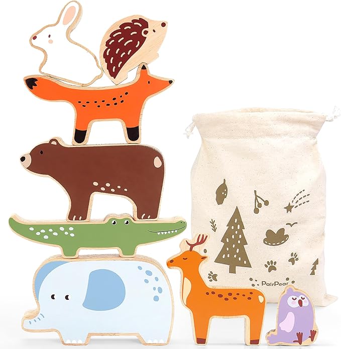 PairPear Large Wooden Animal Stacking Blocks for Toddlers, Montessori Toys Building Stacking Toys & Bag, Educational Balancing Activity Toy for Kids Toys Age 18 Months+