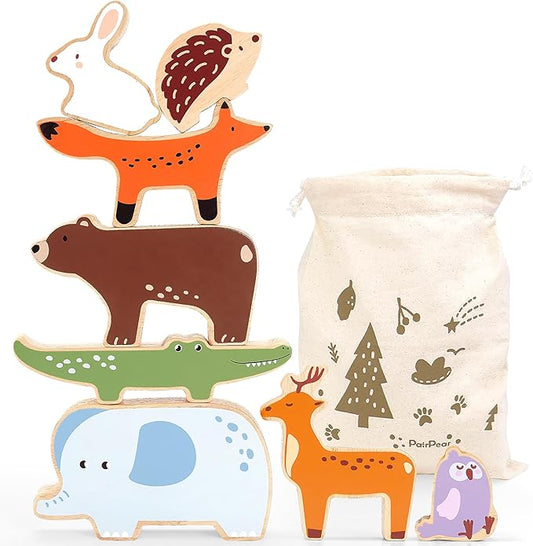 PairPear Large Wooden Animal Stacking Blocks for Toddlers, Montessori Toys Building Stacking Toys & Bag, Educational Balancing Activity Toy for Kids Toys Age 18 Months+