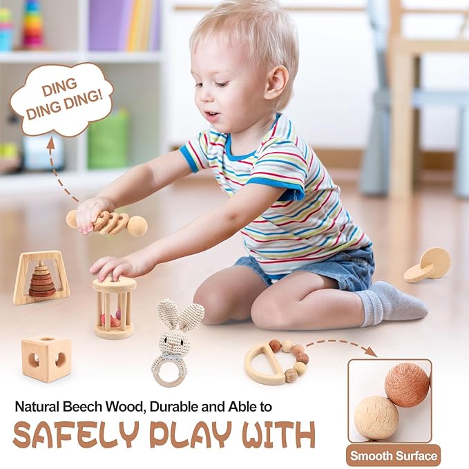 Wooden Baby Rattle, 7PCS Wooden Baby Toys for Babies 18-36 Months, Wood Montessori Toys with Crochet Rabbit Rattle for Infant Grasping, Gift for Baby Girls Boys