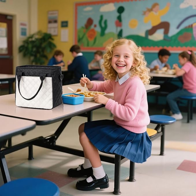 Cute Stylish Small Insulated Lunch Bag for Women Men Kids, Ultrasonic SoftTouch LunchBox for School, Office, Picnic, Durable Lunch Tote with Adjustable Strap & Dual Zippers, Black&Cream