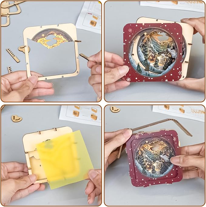 3D Puzzle Nightlight-DIY LED Light Winter Night Wooden Puzzle-Art Lamp and Craft Kits for Kids and Adults-Birthday Gifts Toys-Home Desk Decor Family Game