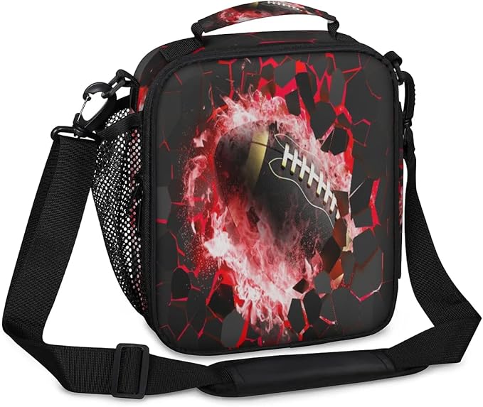 American Football Lunch Box for Boys Insulated Lunch Bag Reusable Portable Lunchbox with Adjustable Shoulder Strap and Water Bottle Holder for Work School Travel