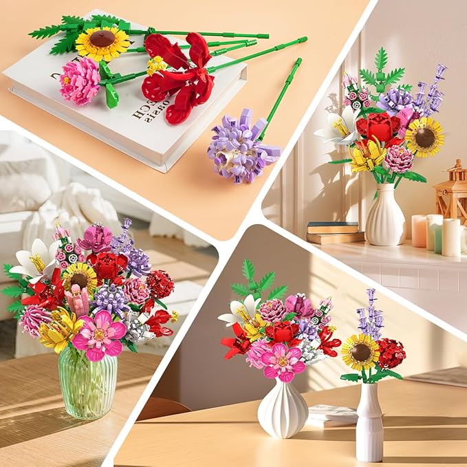Flower Bouquet Building Set, 1464 PCS Botanical Collection Building Block Toy, 18 Flowers Rose Sunflower Home Plant Decor, Birthday Gifts for Adults Women Boys Girls 8-12+