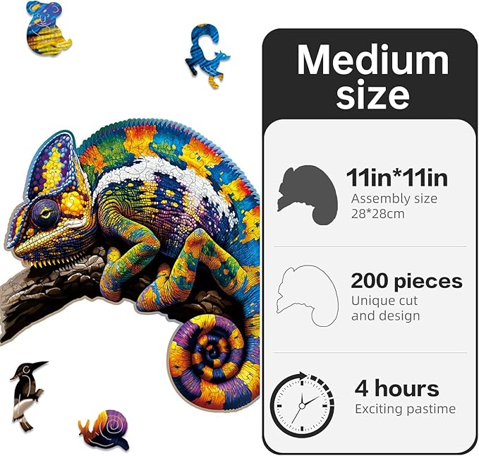 Wooden Puzzles,Chameleon Jigsaw Puzzles,200 Pieces Colorful Animal Puzzle,Birthday Gift Family Game 11 x 11 Inch,Unique Shaped Wooden Puzzle for Adults