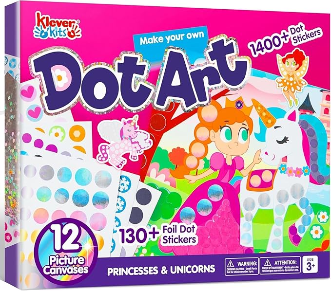 Klever Kits Dot Art Kit for Kids, No Mess Sticker for Toddlers 3-7, Craft Kits, DIY Creative Activity, Travel Toy, Birthday Presents for Boys Girls (Unicorns & Princess)