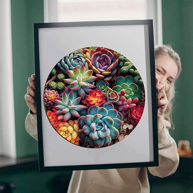 Wooden Puzzles for Adults, Mandala Succulent Plants 244 Pieces Wooden Jigsaw Puzzle, Perfect for Family Game Nights, Unique Shape Best Gift 11.8 * 11.8in, Large