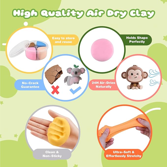 Air Dry Clay Kit, 12 Animals Modeling Clay for Kids, Model Magic Clay with Sculpting Tools and Tutorials, Safe & Non-Toxic, DIY Arts & Crafts School Projects, Home Party Favors for Boys & Girls