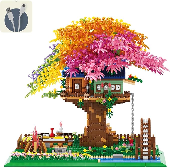Rainbow Flowers Building Block with Light,Sakura Cherry Blossom Bonsai Tree House Construction Set,4451 PCS Mirco Blocks Architecture for Adults and Teens