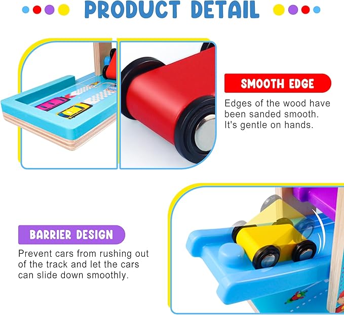 Montessori Toys for Toddlers, Children Race Track Toy with 4 Cars and 1 Wooden Parking Lot, Stable Base, Car Ramp Toy for 1 2 3 Year Old Boy Girl Gifts