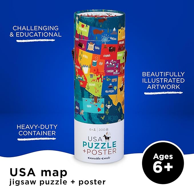 Crocodile Creek 200-Piece Jigsaw Floor Puzzle with Matching Poster - Fun Puzzles for Kids Ages 6-8 and Up - Heavy-Duty Storage Cylinder with Handle - USA Map - 19" x 13" Finished