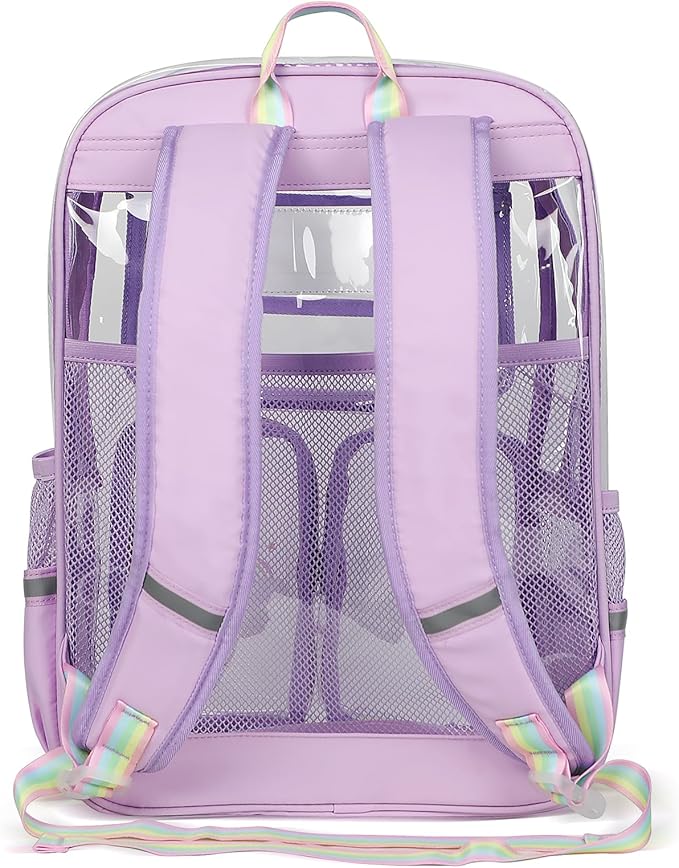 Clear Backpack for School - 17" Transparent Backpacks With Water-Resistant PVC Plastic Material and Ruggedly Reinforced Shoulder Straps, School Bag for Teen Boys Girls Purple