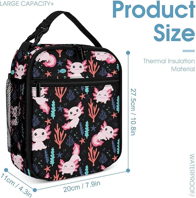 Axolotl Lunch Box - Cute Reusable Axolotl Lunch Bag for Women Men Kids - Small Portable Foldable Insulated Lunchbox for School Work Picnic