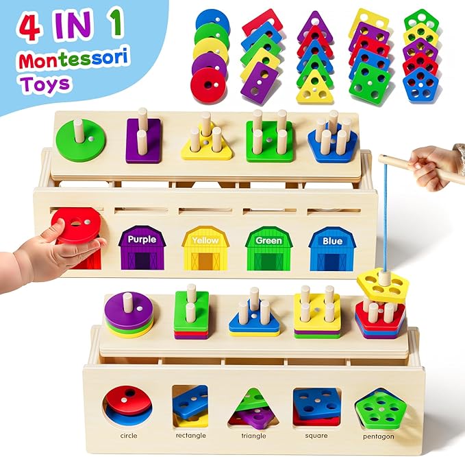 Montessori 4 in 1 Wooden Sorting Shape Sorter and Stacking Toy Box Color Matching Counting Fishing Game Preschool Educational Toys for Toddler 1 2 3 Years Baby Boys and Girls Gifts