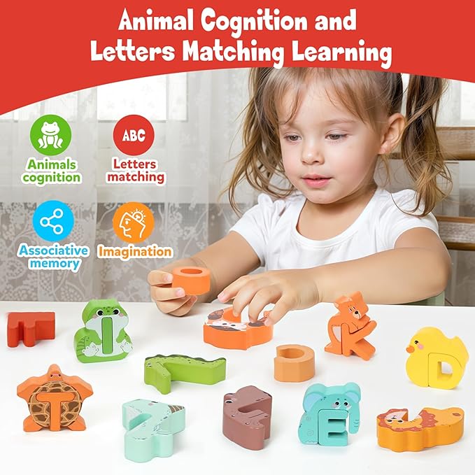 Wooden Alphabet Matching Game, ABC Animal Puzzle Board for Toddlers, Montessori Sorting Blocks Board Toy, Preschool Jigsaw Puzzle for Early Learning, Educational Gift for Kids Boys Girls Ages 3-5