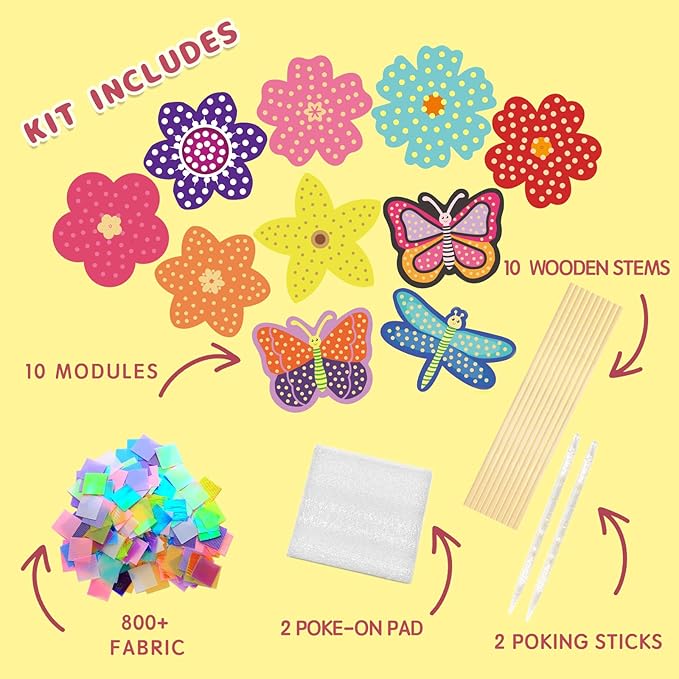 Poke Arts and Crafts kit for Kids, DIY 7 Flowers & 2 Butterflies & 1 Dragonfly, Mess Free Creative Game Toys for Girl 6-8 8-12, Gifts for Boys & Girls Ages 6 7 8 9 10 11 12 Years Old