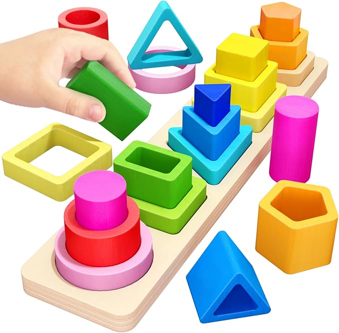 PEBIRA Montessori Toys for 1 2 3 Year Old Boys Girls Toddlers, Heightened Peg-Free Wooden Stacking Toys, Shape Sorter Learning Toy, Birthday Gift for Baby Kid Age 1-4 Preschool Toy, Various Game Play