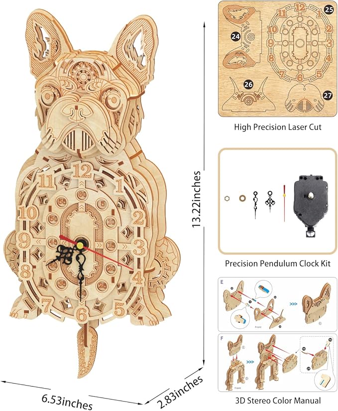Wooden 3D Puzzles for Adults: Mechanical Bulldog Clock Model - Christmas-Themed Wooden Clock Kits to Build with Wall Clock Pendulum