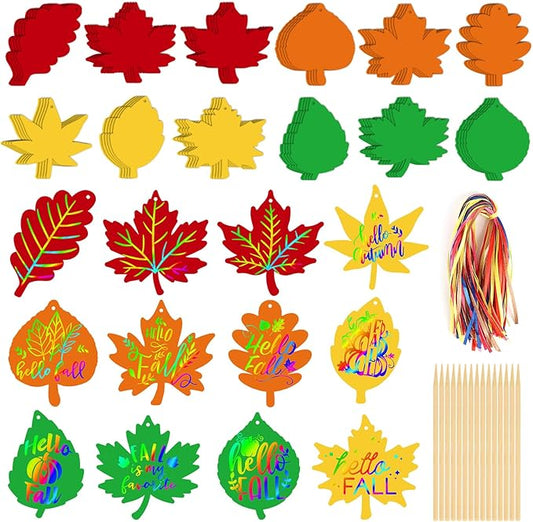 60 Packs Fall Harvest Rainbow Scratch Paper Art Set Fall Decorations Colorful Fall Leaves with 60 Pcs Colored Ribbons 15 Pcs Wooden Stylus for Scratch Art for Kids DIY Autumn Supplies