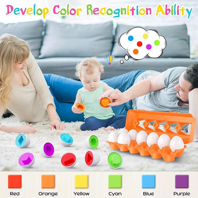 CPSYUB Easter Eggs Learning Toys for Toddlers 1-3 Year Old Girls/Boys, Montessori Egg Matching Toy Educational Color & Shape Recognition Skills Gifts Toys BPA Free (12 Eggs)
